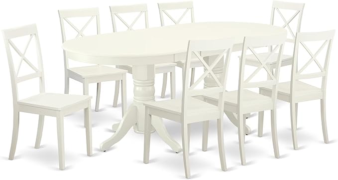 East West Furniture VABO9-LWH-W 9 Piece Modern Dining Table Set Includes an Oval Wooden Table with Butterfly Leaf and 8 Kitchen Dining Chairs, 40x76 Inch, Linen White