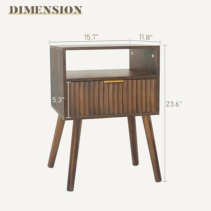 Walnut Nightstand, Wooden Bedside Table with Fluted Drawers and Open Shelf, Night Stand Wood for Bedroom, Dorm and Small Space (Rustic Brown)