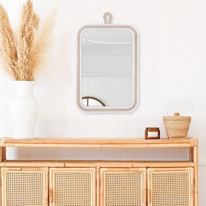 Nautical Rope Mirror Rectangular Hanging Mirrors for Wall 22''Lx16''W White Decorative Mirror Farmhouse Mirror with Rope for Bathroom,Livingroom,Entryway-Beachy Coastal Wall Decor