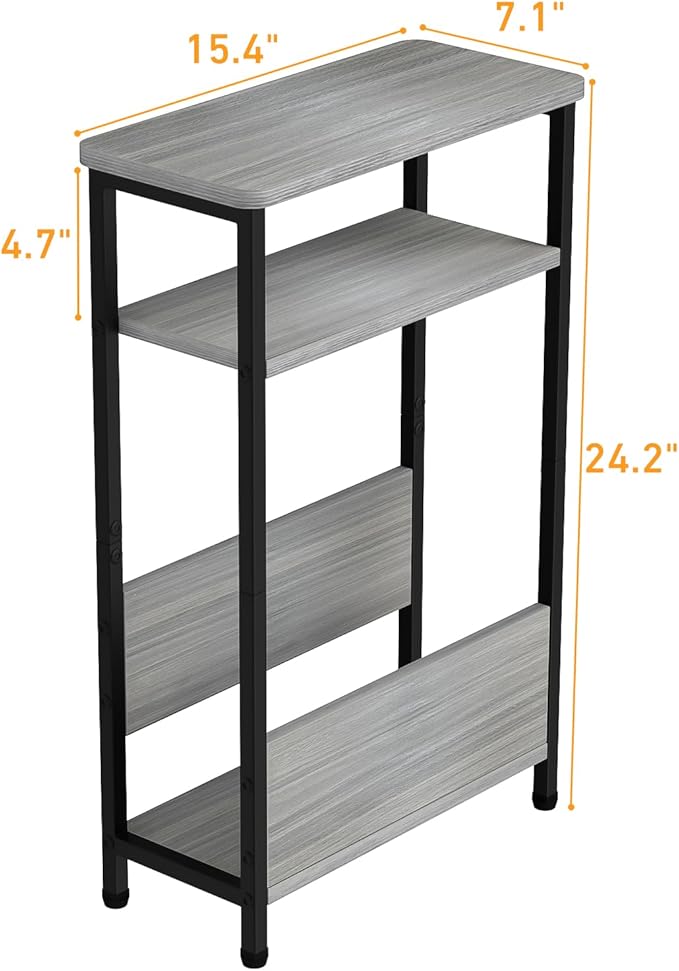 7.1" Narrow Side Table for Small Spaces, 3 Tier Small End Table with Magazine Holder, Slim/Skinny Nightstand/Bedside Table for Living Room, Bedroom, 15.4" L x 24.2" H, Gray