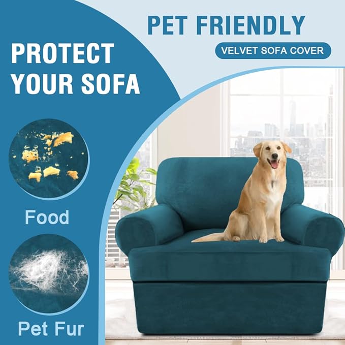 H.VERSAILTEX Sofa Cover 2 Piece T Cushion Armchair Slipcovers Velvet Couch Cover Furniture Protector Stretch T Cushion Sofa Covers for 1 Cushion Couch with 1 Individual T Cushion Covers, Deep Teal