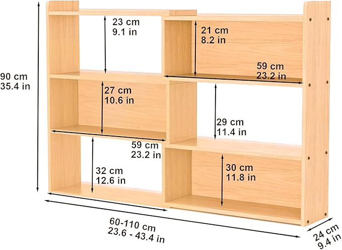 Wooden Extendable Bookcase,Open Low Bookshelf, 4-Shelf Storage Unit, Freestanding Bookcase for Small Spaces or Corners, Stylish Shelves for Living Room and Office (Wood Color, L)