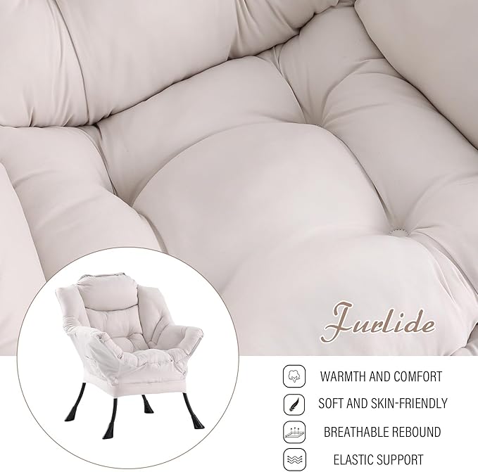 Lazy Chair with Ottoman, Modern Chair with Folding Footrest, Lounge Accent Chair, Comfortable Reading Chair, Oversized Armchairs for Bedroom, Study, Living Room, Courtyard (Beige