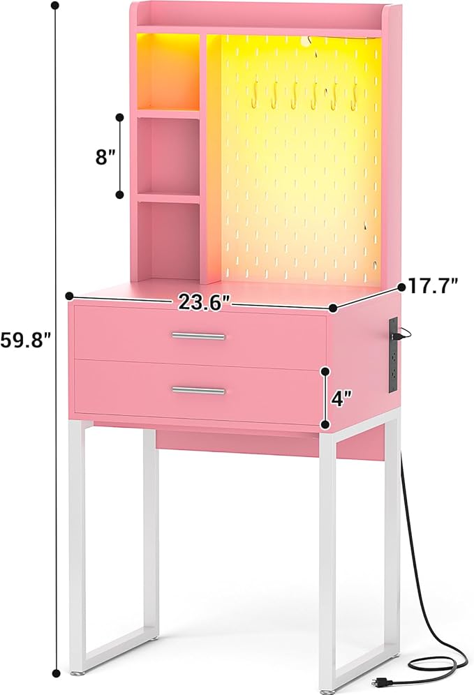 Small Vanity Desk with Hutch and Drawers, Pink Makeup Vanity Desk with Outlets, Vanity Table Dressing Table with LED Lights, Vanity Desks No Mirror with Pegboard for Girls Women, 24"