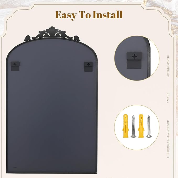 Vintage Arched Bathroom Mirror, 24x36 Inch Retro Wall Mounted Vanity Mirror with Carved Pattern Top and Metal Frame, Black Decorative Mirror for Hanging or Leaning