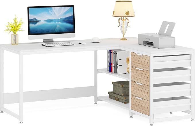 Tribesigns L Shaped Computer Desk with Storage Drawers, 59 inch Corner Desk with Shelves, Reversible L-Shaped Office Desk Study Writing Table Workstation for Home Office, White