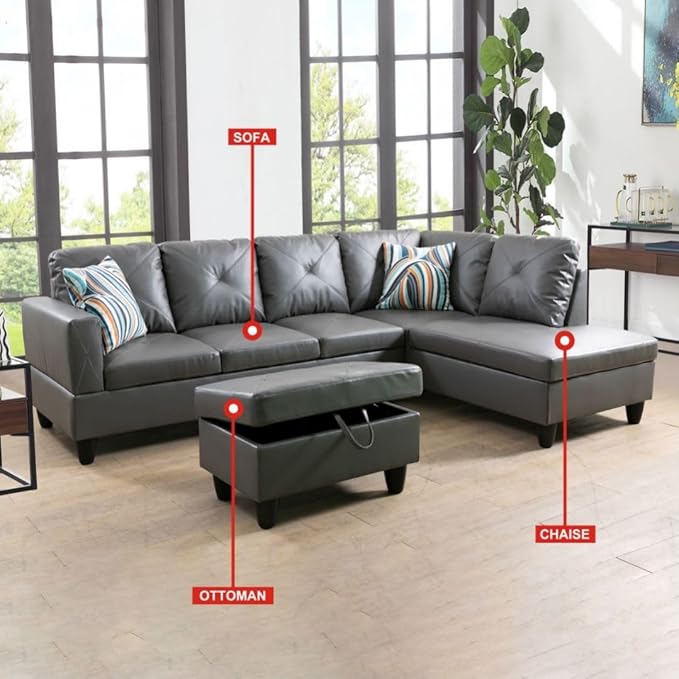 Dark Grey L-Shaped 3-Piece Faux Leather Sofa with Storage Ottoman Set, Sectional Couch Sofa Set for Living Room, Office, Small Space