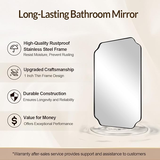 Scalloped Mirror, 24"x32" Black Mirror for Bathroom, Matte Black Mirror with Anti-Rust Metal Frame, Asymmetrical Mirrors with Wavy Edge for Powder Room, Living Room, Foyer, Master Room