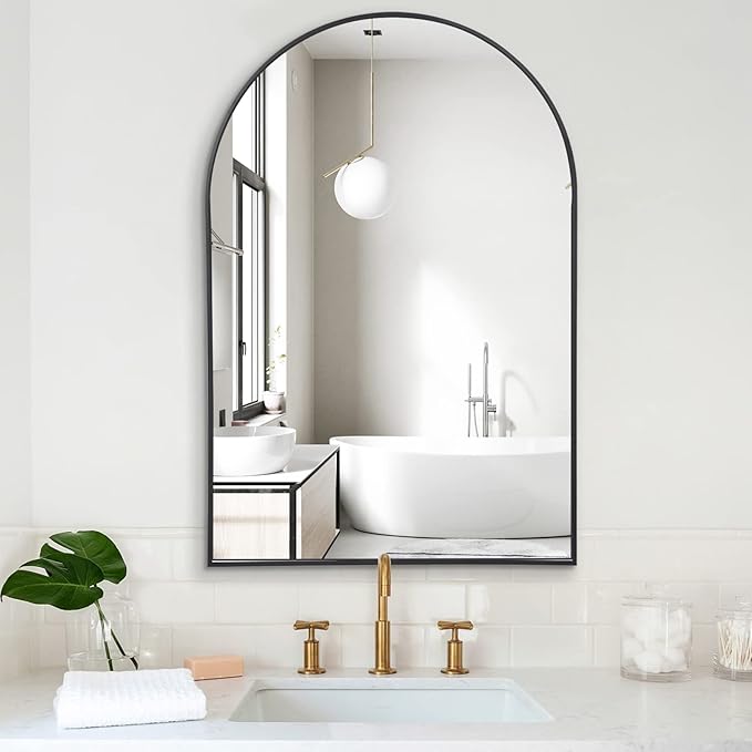 Arched Mirror, 20"x30" Black Bathroom Mirror with Metal Frame, Wall Mounted Mirrors Decor Modern Dresser Mirror for Bedroom Living Room Entryway