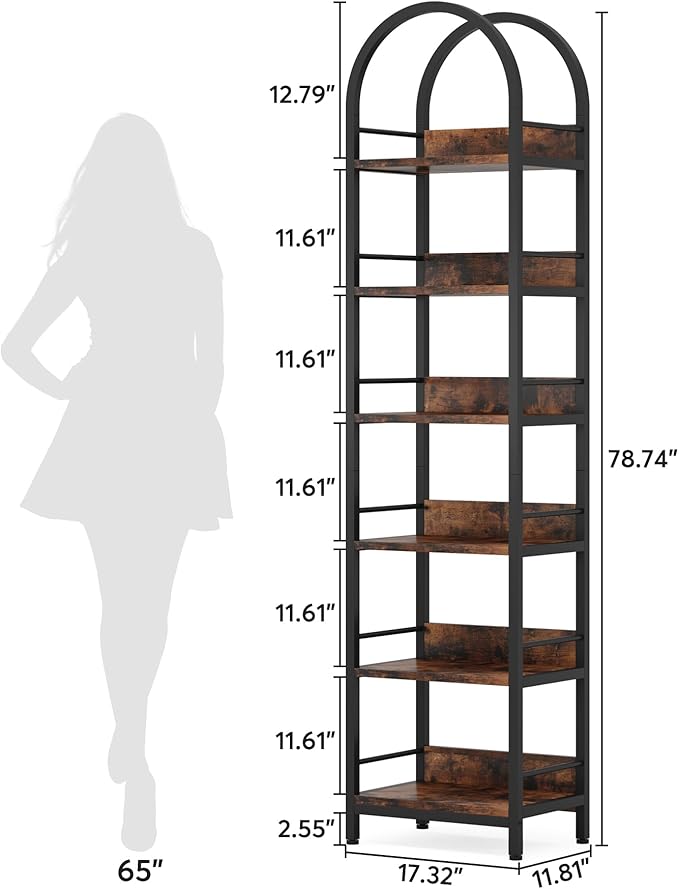 LITTLE TREE Bookshelf Set 2, Skinny 78.7 Inches Tall Arched Bookshelf, 6 Tiers Brown Open Bookcase with Black Metal Frame, Freestanding Corner Display Shelves Rack for Living Room, Home Office