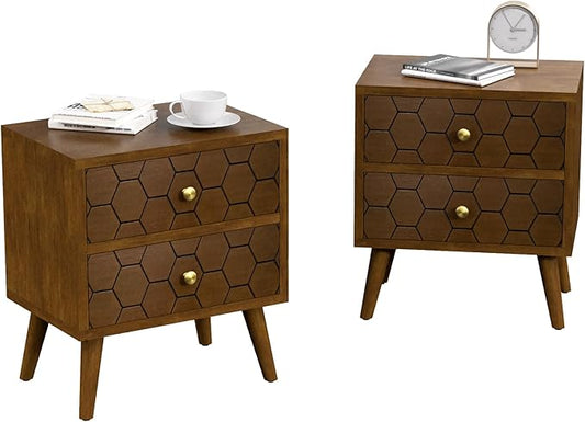 COSIEST Modern End Table w Honeycomb Pattern, Mid-Century Nightstand w Storage Drawer, Small Wood Accent End Table for Bedroom, Living Room(Brown,2 Pieces)