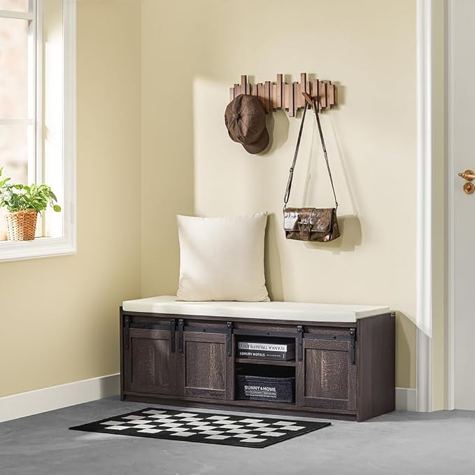 Haotian Industrial Style Shoe Storage Bench, Entryway Hallway Shoe Cabinet, Sliding Barn Doors, Drawer & Padded Seat Cushion, Rustic Window Bench for Mudroom (Brown)