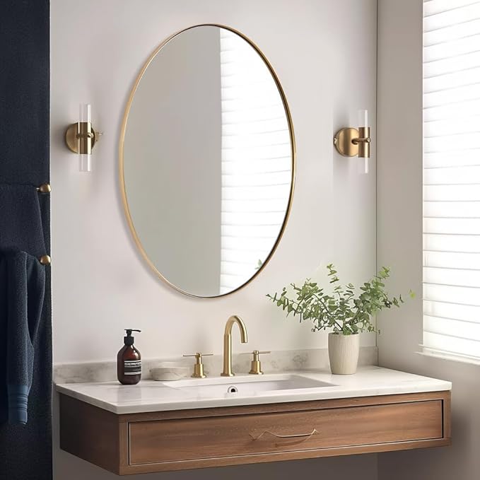 ANDY STAR Gold Oval Mirrors for Bathroom, 24x32 Inch Brushed Gold Stainless Steel Metal Framed Oval Wall Mirror, Modern Brass Vanity Mirror Pill Shaped Mirror