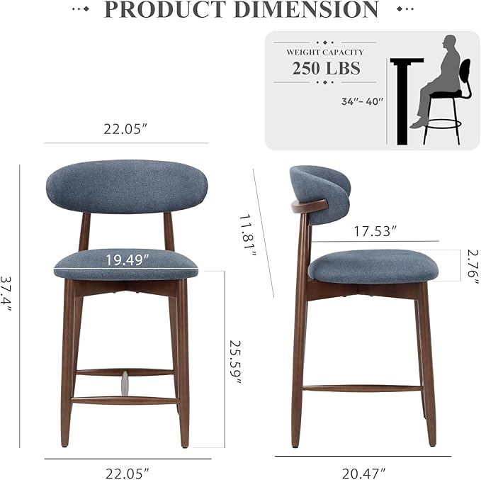 COLAMY Mid Century Modern Bar Stools Set of 4, Counter Height, Blue Fabric Upholstered Wooden Barstools with Back, 25 Inch