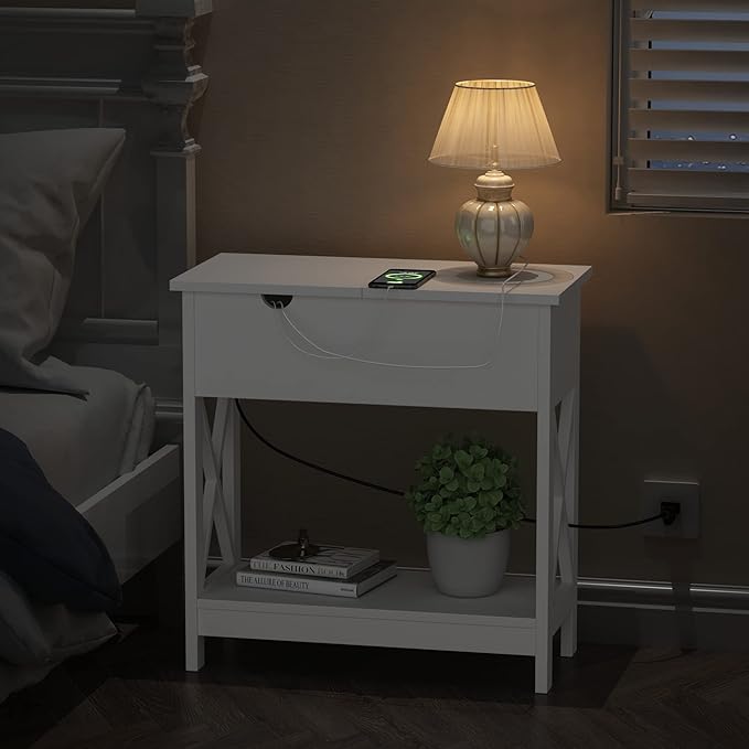 ChooChoo End Table with Charging Station, Narrow Flip Top Side Table with USB Ports & Power Outlets for Small Spaces, Nightstand Sofa Table for Living Room, Bedroom, White, 2 Pack