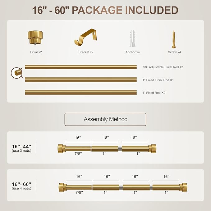 Modern Gold Curtain Rods for Windows 16 to 60 Inches Adjustable Length Heavy Duty 1" Diameter Brass Window Curtain Rod with Solid Metal Finials for Outdoor Farmhouse Bedroom Kitchen Living Room