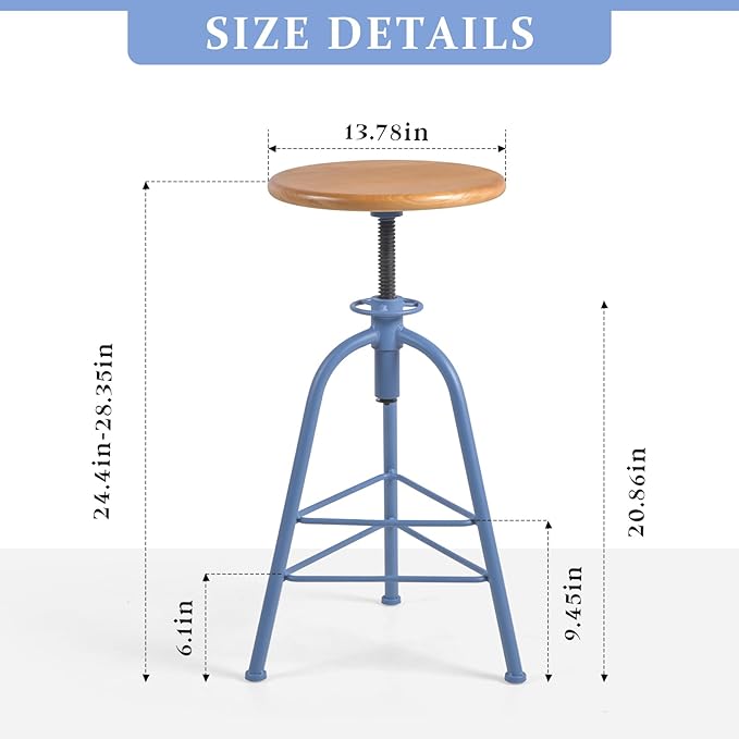 Industrial Bar Stools-Set of 2 24.4-28.3inch Counter Height Kitchen Stool-Modern Dinner Breakfast Chairs-Swivel Round Wooden Seat