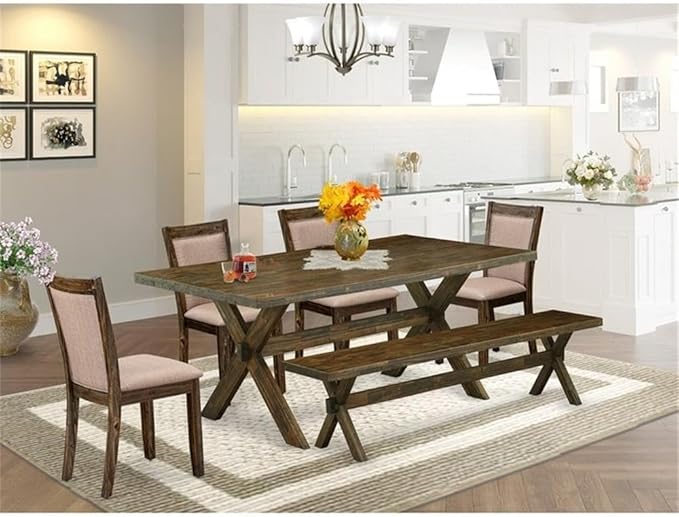 East West Furniture X777MZ716-6 6 Piece Dining Table Set Contains a Rectangle Dining Room Table with X-Legs and 4 Dark Khaki Linen Fabric Parson Chairs with a Bench, 40x72 Inch, Multi-Color