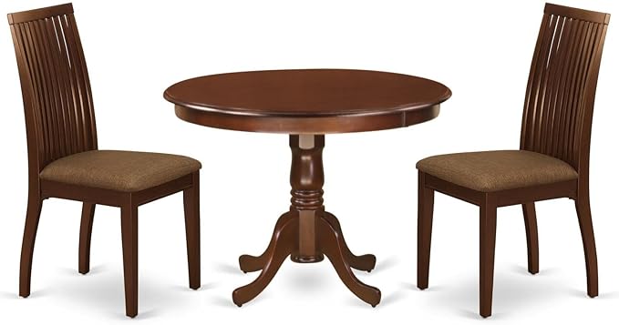East West Furniture HLIP3-MAH-C 3 Piece Dining Room Furniture Set Contains a Round Dining Table with Pedestal and 2 Linen Fabric Upholstered Chairs, 42x42 Inch, Mahogany