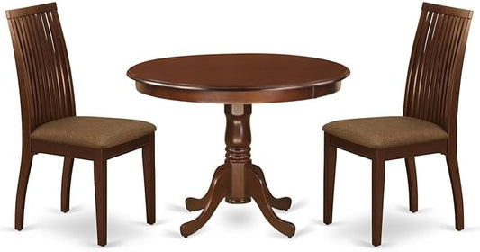 East West Furniture HLIP3-MAH-C 3 Piece Dining Room Furniture Set Contains a Round Dining Table with Pedestal and 2 Linen Fabric Upholstered Chairs, 42x42 Inch, Mahogany