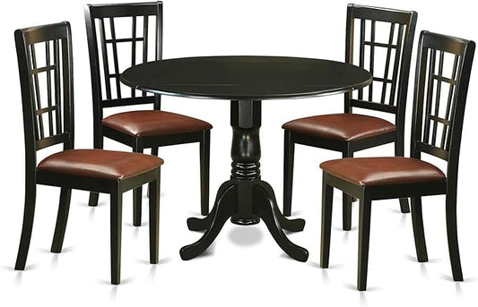 East West Furniture DLNI5-BLK-LC 5 Piece Dining Set Includes a Round Dining Room Table with Dropleaf and 4 Faux Leather Upholstered Kitchen Chairs, 42x42 Inch, Black