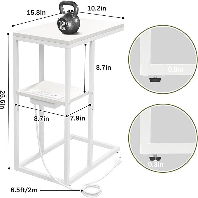 Yoobure C Shaped End Table with Charging Station, Small Side Tables for Living Room Bedroom, Sofa Table with USB Ports and Outlets for Small Spaces, Rustic Bed Side Table