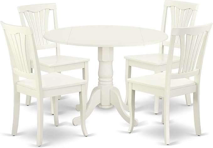 East West Furniture DLAV5-LWH-W 5 Piece Dining Set Includes a Round Dining Room Table with Dropleaf and 4 Wood Seat Chairs, 42x42 Inch, Linen White