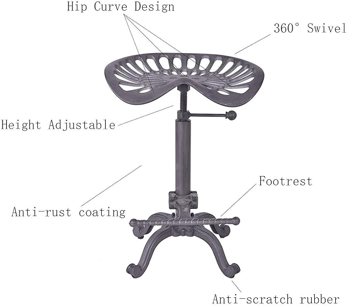 Industrial Bar Stool-Swivel Tractor Seat-Kitchen Dining Counter Chair-Extra Pub Height- Adjustable 24.8-31"-Iron Cast Design