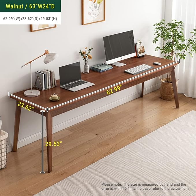 Mid-Century Long Desk Table - 63" Simple Modern Extra Long 2-Person Wood Computer Workstation for Home Office Work in Walnut, 63" W x 24" D