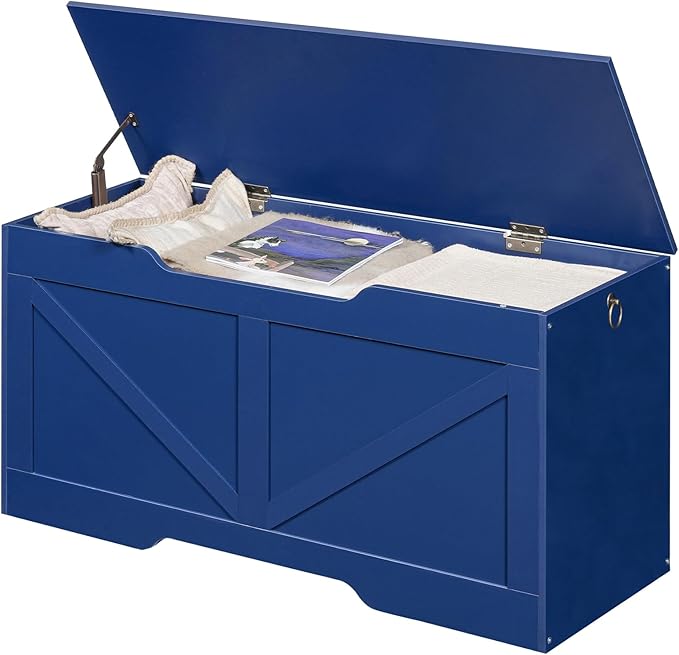 HOOBRO Storage Bench, 39.4" Retro Wooden Storage Chest with U-Shaped Cut-Out Pull, Safety Hinge, Supports 220 lb and Easy Assembly for Toy Box Organizer (Blue) BU771CW01