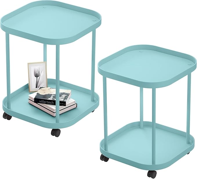 Side Table with Wheels, End Table Living Room Plastic Mobile Sofa Side Table Small Night Stand Bedroom Blue (2 Pack)
