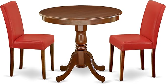 East West Furniture ANAB3-MAH-72 3 Piece Dinette Set for Small Spaces Contains a Round Kitchen Table with Pedestal and 2 Firebrick Red Faux Leather Parsons Chairs, 36x36 Inch, Mahogany