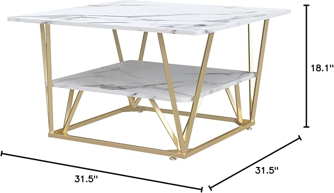 Elephance Square Coffee Table for Living Room, 31.5 Inch Modern Coffee Table with Storage, 2-Tier White and Gold, Wooden Tabletop-Marble White with Gold Frame