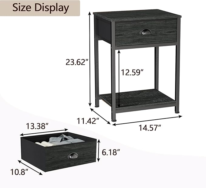 Nightstands Set of 2, Industrial End Table with Fabric Drawer&Storage Shelf, Small Bedside Table Organizer for Small Space for Living Room, Tall 23.6" Night Stand for Bedroom, Black Oak
