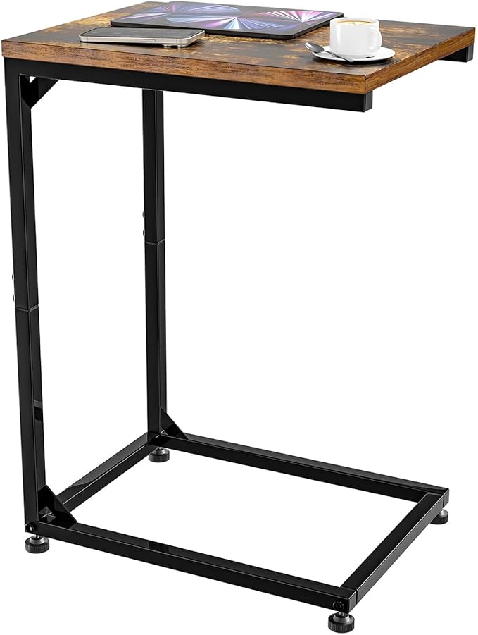 Simple Trending C Shaped End Table, Side Table for Couch, Small Sofa Table TV Tray with Metal Frame for Living Room, Bedroom, Rustic Brown