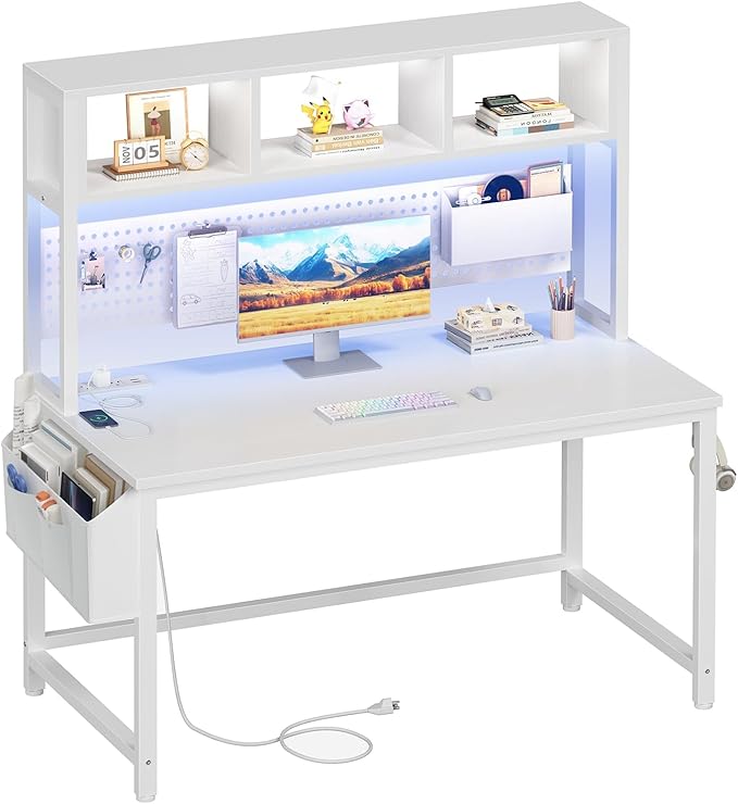 White Computer Desk with Hutch and Pegboard - Computer Desk with Power Outlets, 47 Inch Modern Study Teen Desk with Pegboard Storage Bag, Hooks and Side Bag,Writing Desk for Bedroom Home Office