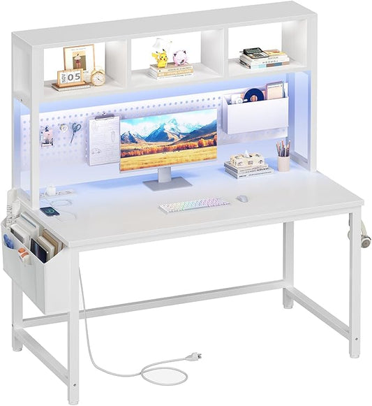 White Computer Desk with Hutch and Pegboard - Computer Desk with Power Outlets, 47 Inch Modern Study Teen Desk with Pegboard Storage Bag, Hooks and Side Bag,Writing Desk for Bedroom Home Office