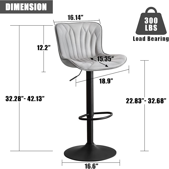 YOUNIKE Grey Bar Stools Set of 2 Modern Kitchen Counter Height Bar Chairs with Backs Faux Leather Upholstered Barstools Swivel Tall Adjustable Padded Breakfast Island Chair with Sturdy Metal Leg