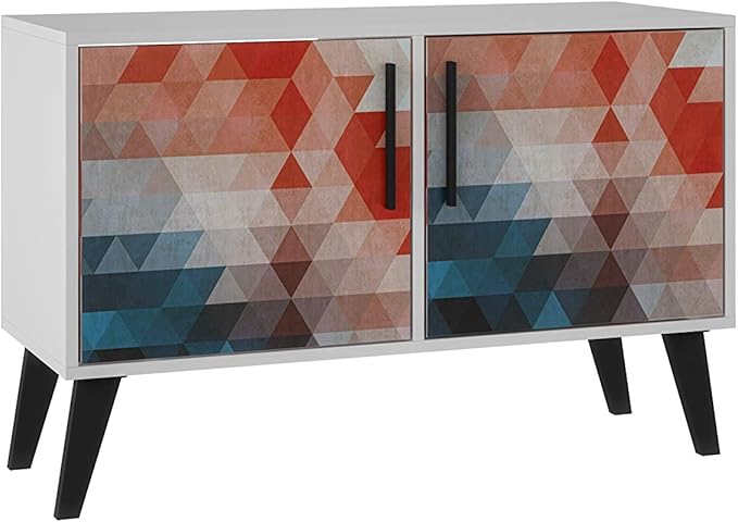 Manhattan Comfort Amsterdam Double Door Side Table with 3 Shelves, 35.43" Wide Storage Cabinet or TV Stand, Mid Century Modern Accent Furniture, Red/Blue