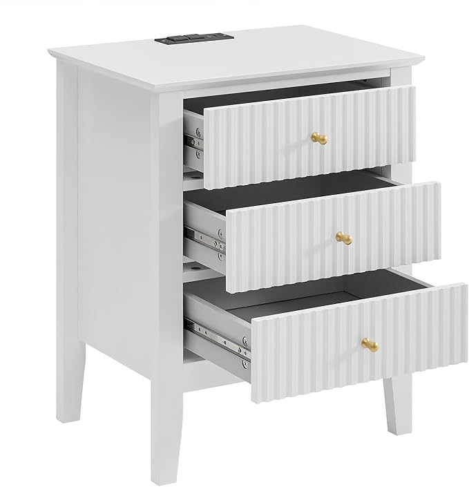 OCANDO White Bed Side Table with Charging Station and USB & Type-C Ports, Bedroom Nightstand 24" H,Vintage Modern Night Stand with 3 Drawers 19" W,Living Room Fluted End Bedside Tables