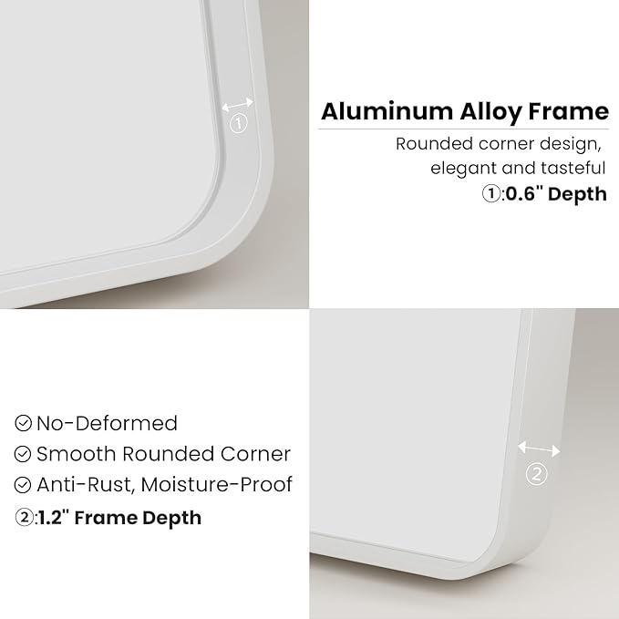 White Bathroom Mirror 30x36 Inch, White Metal Framed Bathroom Mirror for Wall, Rounded Rectangle Matte Bathroom Vanity Mirror, Tempered Glass, Anti-Rust, Horizontal/Vertical