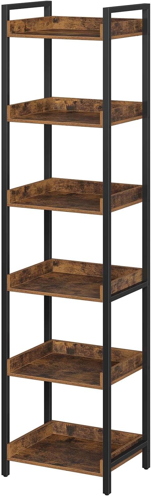 Rolanstar Bookshelf, 6-Tier Storage Rack, Narrow Corner Bookshelf, Display Wooden Shelves for Living Room, Bathroom, Balcony, Kitchen,Rustic Brown