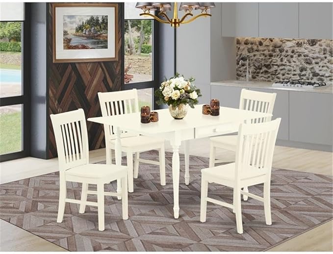 East West Furniture MZNO5-LWH-W 5 Piece Kitchen Table & Chairs Set Includes a Rectangle Dining Table with Dropleaf and 4 Dining Room Chairs, 36x54 Inch, Linen White