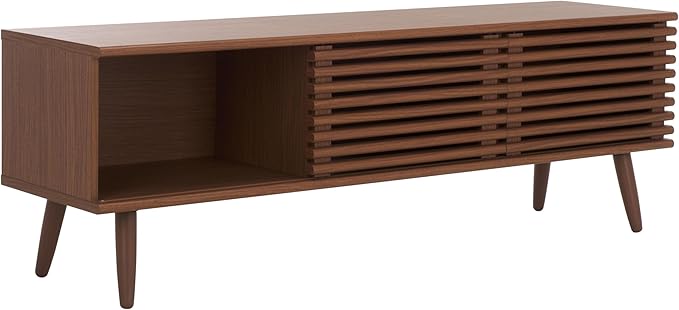 SAFAVIEH Averi TV Stand for up to 65" Flatscreen – Dark Walnut, 2 Sliding Doors with Interior Storage, 2 Open Shelves, Entertainment Media Console (MED9637A)
