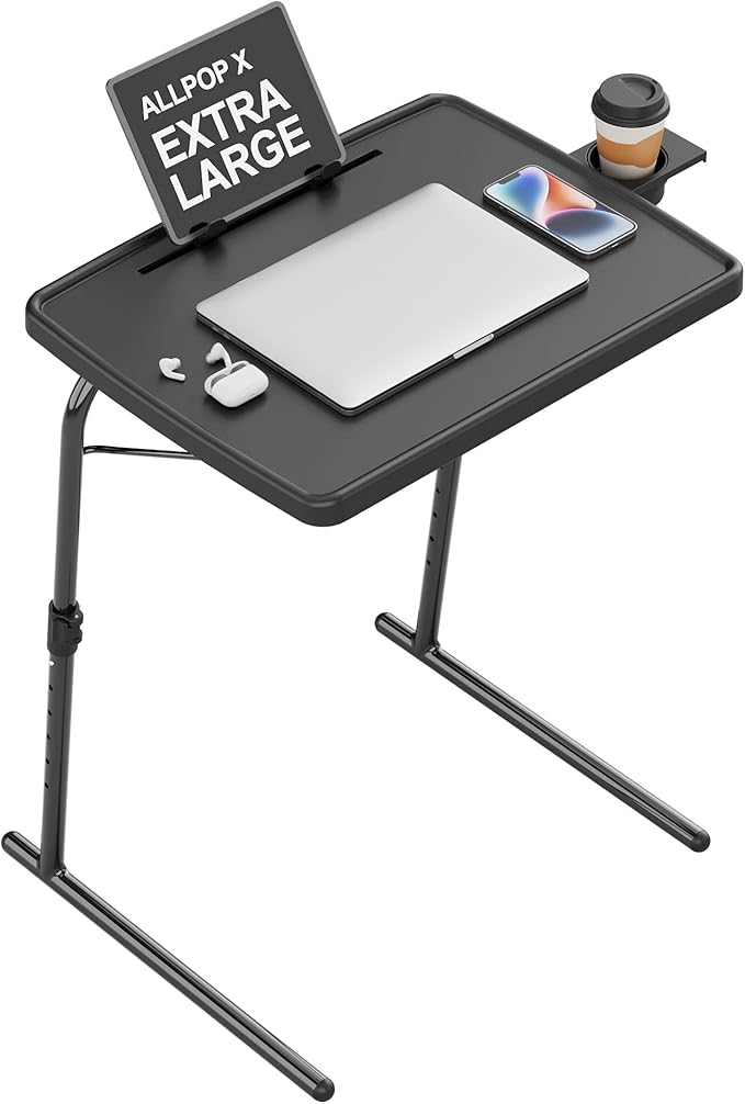 X TV Tray Table, Allpop Large TV Dinner Tray for Eating, Adjustable Folding Laptop Table with Book Stand, Cup Holder & Tablet Slot on Couch & Bed, Black
