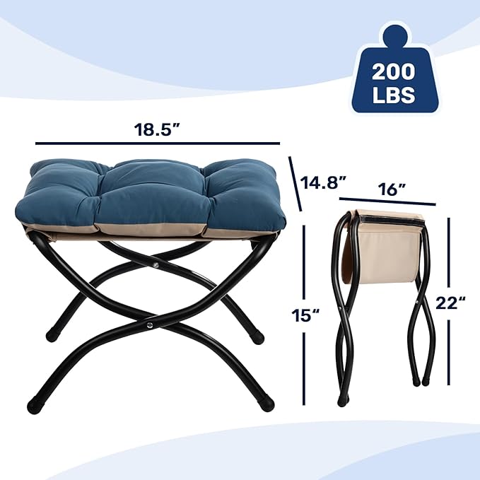 HollyHOME 15"(H) Folding Footrest Stool, Upholstered Small Foldable Ottoman, Accent Padded Sofa Foot Stool for Lazy Chair, Metal Frame Portable Foot Rest Ottoman for Living Room, Bedroom, Royal Blue