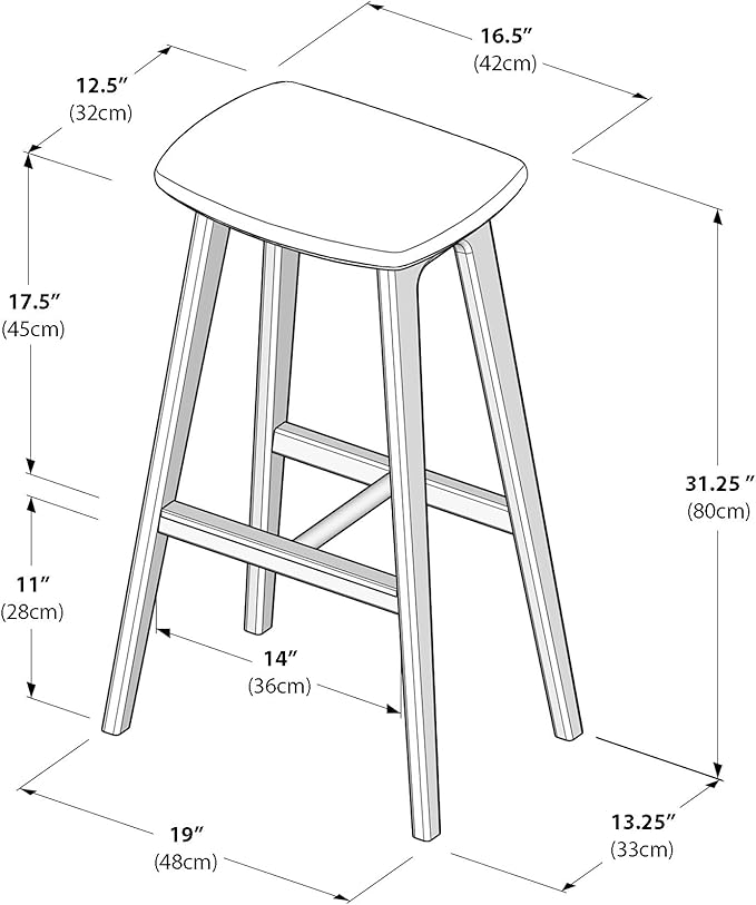 Plank+Beam Beryl Bar Height Stool - Mid-Century Modern Rubberwood Bar Stool with Faux Leather Seat, Metal Footrest, Easy Assembly, 2-Pack, Pecan/Toffee