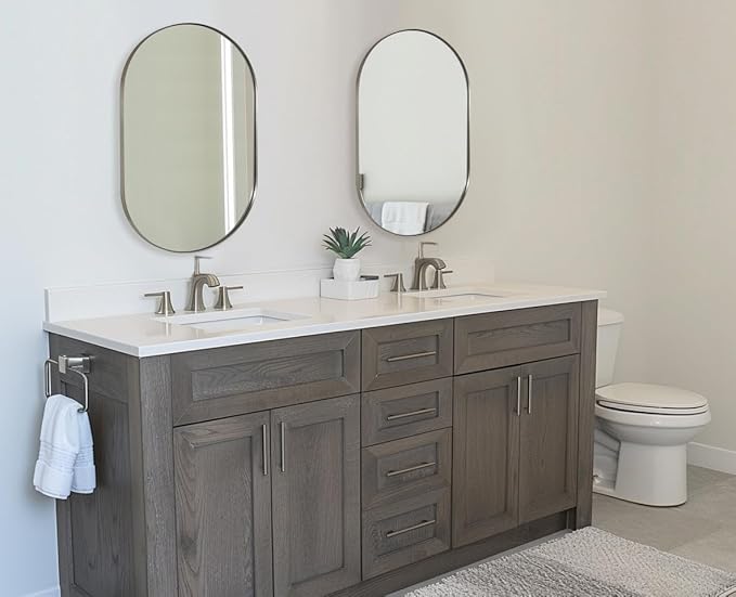 ANDY STAR Brushed Nickel Mirror Bathroom, 30x40 Inch Oval Mirrors for Bathroom, Nickel Pill Shaped Mirror in Premium Stainless Steel Metal Frame Wall-Mounted Mirror 1”Deep Hangs Horizontal/Vertical