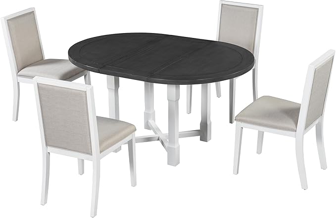 Ball & Cast 5 Pieces Dining Table Set with 4 Upholstered Chairs,Farmhouse Wooden Living Room Furniture for 4 W/ 57.7" Extendable Dining Table,for Dining Room,Bistro,Apartment,Grey+White