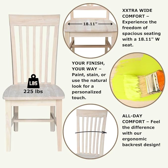 IC International Concepts Set of 2 Tall Mission Chairs Real/Solid Parawood, Kitchen/Dining/Accent, 18.1"W x 22.05"D x 40.16"H, 225 Lbs Wt. Capacity, DIY, Stain/Paint in Any Color, Unfinished